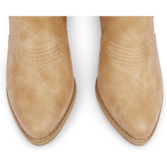 Women Synthetic Tan Boots Mid-calf Pointy Toe Chunky Heels Embroidered Boot - Picture 3 of 9